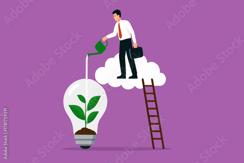 Environmental social and governance, sustainable business, industry using environmentally friendly energy or renewable energy, businessman watering sustainability light bulb vector illustration
