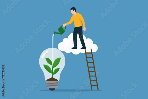 Environmental social and governance, sustainable business, industry using environmentally friendly energy or renewable energy, businessman watering sustainability light bulb vector illustration