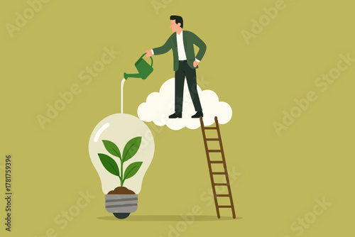 Environmental social and governance, sustainable business, industry using environmentally friendly energy or renewable energy, businessman watering sustainability light bulb vector illustration