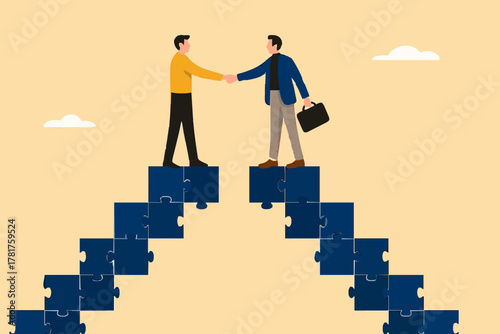 business agreement, cooperation in business to achieve certain targets, growth or progress to achieve goal and target, two business people shaking hands at the top of the ladder from puzzle