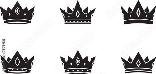 Collection of black crown icons symbolizing royalty, power, and success. Vector