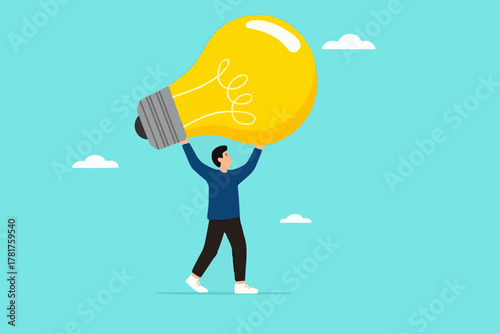 businessman bring big light bulb idea for new product idea or business opportunity, finding new idea, creativity or innovation to create new product, solution to solve problem or fix mistake concept