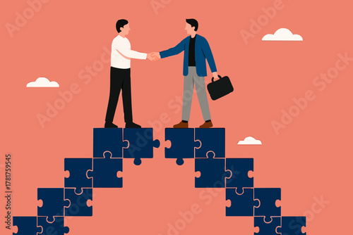 business agreement, cooperation in business to achieve certain targets, growth or progress to achieve goal and target, two business people shaking hands at the top of the ladder from puzzle