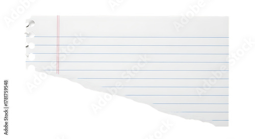 Torn lined paper with three punch holes isolated on transparent background