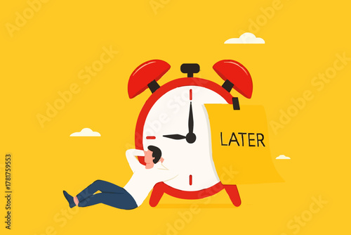 Procrastination or wasting work time with businessman sleeping leaning on an alarm clock with the word later written on paper sticky notes, delaying work or wasting time, laziness to do a task or job