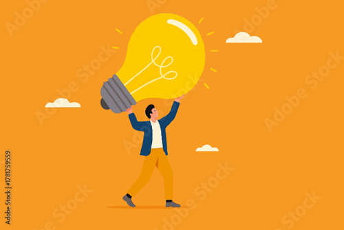 businessman bring big light bulb idea for new product idea or business opportunity, finding new idea, creativity or innovation to create new product, solution to solve problem or fix mistake concept