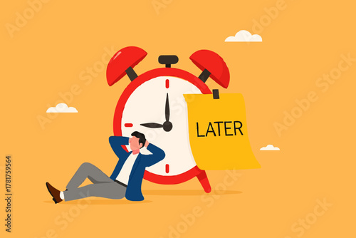 Procrastination or wasting work time with businessman sleeping leaning on an alarm clock with the word later written on paper sticky notes, delaying work or wasting time, laziness to do a task or job