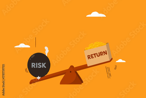 high risk high return business investment concept illustration, investor risk appetite in securities and investment asset to get high reward, The weight on seesaw creates a box of dollar prize money