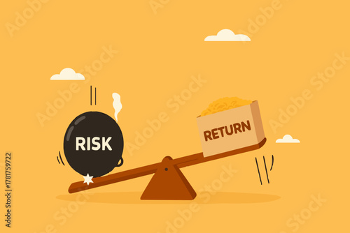 high risk high return business investment concept illustration, investor risk appetite in securities and investment asset to get high reward, The weight on seesaw creates a box of dollar prize money
