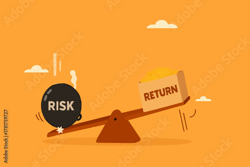 high risk high return business investment concept illustration, investor risk appetite in securities and investment asset to get high reward, The weight on seesaw creates a box of dollar prize money