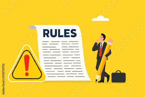 work rules and regulation, company standard operating procedures, Company policies for employee guidelines, smart businessman finishes writing work rules and regulations document concept illustration