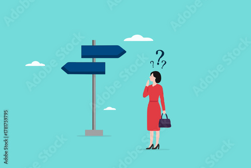 choose a new career path, confused businesswoman about choosing his career direction, make life decision choice, decide the right or wrong direction