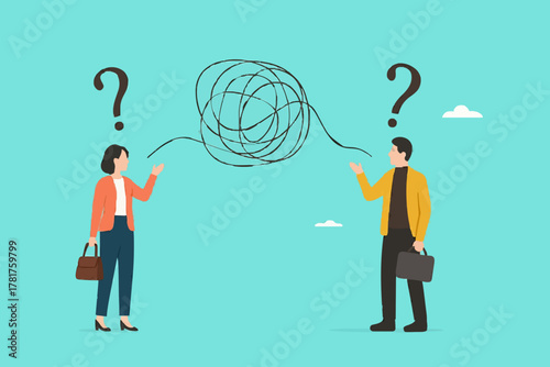 Communication problem or conflict opinion, misunderstanding or confusion, dissent or miscommunication concept, two confused work partners communicating with messy lines