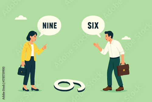 different opinion because different viewing angle, differences in ways of thinking or searching for solutions, businessman and woman argue from different points of view to determine number nine or six