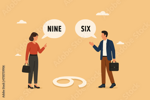 different opinion because different viewing angle, differences in ways of thinking or searching for solutions, businessman and woman argue from different points of view to determine number nine or six