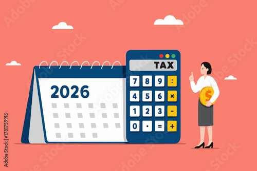 2025 tax form or annual notification of monthly duty and debt, annual income tax filing, Doing taxes accounting and annual financial paperwork, businesswoman standing near a big calculator tax