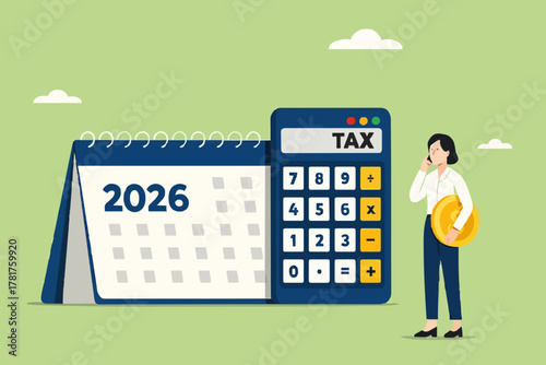 2025 tax form or annual notification of monthly duty and debt, annual income tax filing, Doing taxes accounting and annual financial paperwork, businesswoman standing near a big calculator tax