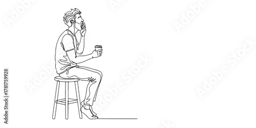 Minimalist line art of a man sitting on a stool, yawning while holding a coffee cup. A relaxed and expressive illustration ideal for morning routine content, lifestyle branding, social media graphics
