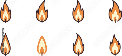 Stylized cartoon fire icons with varying flame shapes and warm colors isolated. Vector