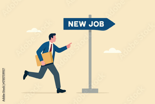 new job illustration with the concept of a businessman who is very happy towards his new job, change to new job, recruitment concept, career or opportunity, new challenge to success concept design