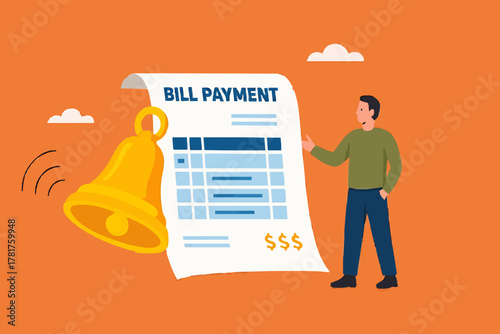 bill payment, shopping costs or credit card payments, financial service to pay for transaction, bill payment reminder concept, businessman with bill payment paper and notification bell