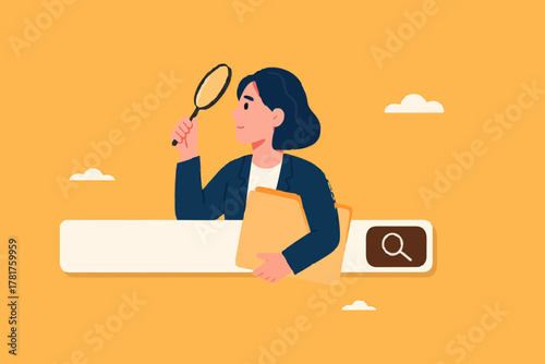 find new job or explore website concept, looking for job vacancies, browse the internet to get information, search concept, woman looking for job information in the search box using magnifying glass