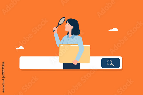 find new job or explore website concept, looking for job vacancies, browse the internet to get information, search concept, woman looking for job information in the search box using magnifying glass