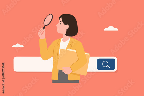 find new job or explore website concept, looking for job vacancies, browse the internet to get information, search concept, woman looking for job information in the search box using magnifying glass