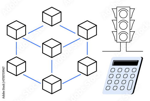 Blockchain network with interconnected cubes, calculator, and traffic light representing decision processes. Ideal for technology, connectivity, innovation, automation, finance, decision-making