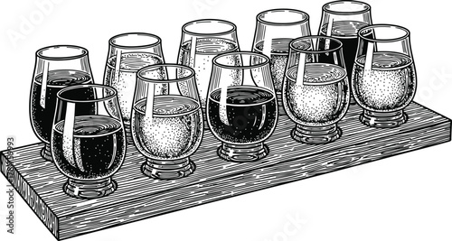Five tasting glasses on a serving tray outline for beverage presentation