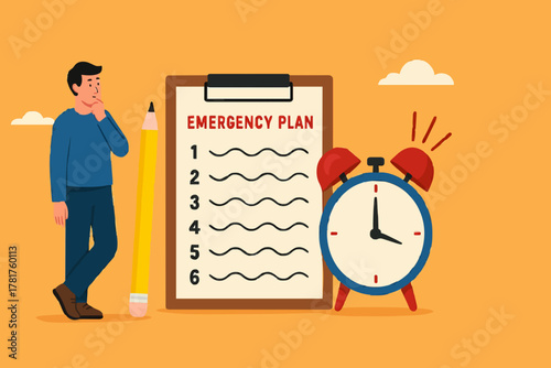 business emergency plan or strategy illustration, emergency action plan, emergency action plan when business disaster occurs, business stand with a list of emergency plans with an alarm clock beeping