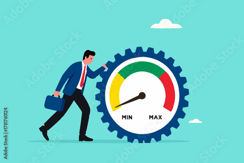 poor work performance concept illustration, laziness at work which prevents a business from developing or growing, sad businessman leaning on cogwheel gear with low productivity level meter
