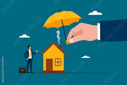 home insurance or homeowners protection, security shield concept, guarantee to protect the house from damage or loss of contents and structure, big businessman hand covers the house and its owner