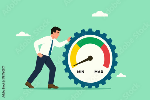 poor work performance concept illustration, laziness at work which prevents a business from developing or growing, sad businessman leaning on cogwheel gear with low productivity level meter