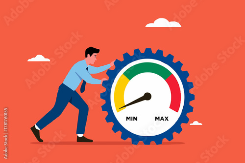 poor work performance concept illustration, laziness at work which prevents a business from developing or growing, sad businessman leaning on cogwheel gear with low productivity level meter
