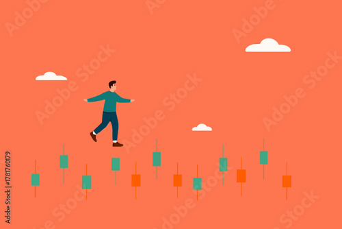 navigating stock market volatility, Financial investment volatility, identify stock market or cryptocurrency market risks, businessman investor walks carefully past investment bar chart