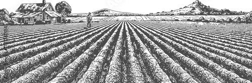 Monochrome rural landscape silhouette featuring a house a tree and distant hills