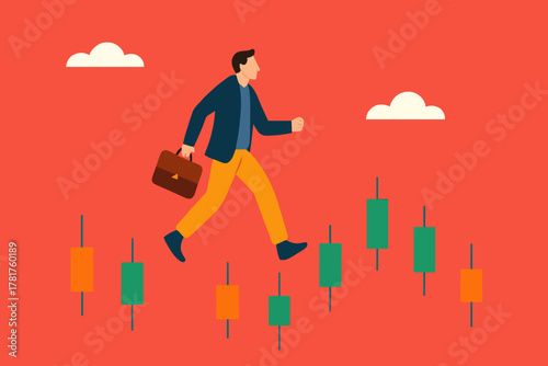 navigating stock market volatility, Financial investment volatility, identify stock market or cryptocurrency market risks, businessman investor walks carefully past investment bar chart