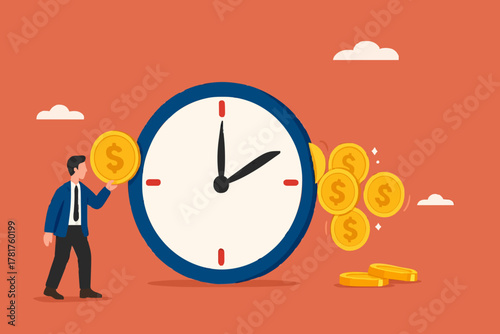 ROI, return on investment or long term investment success, increase in dividends or returns from the costs that have been invested, businessman invests money into big watch to get return profit