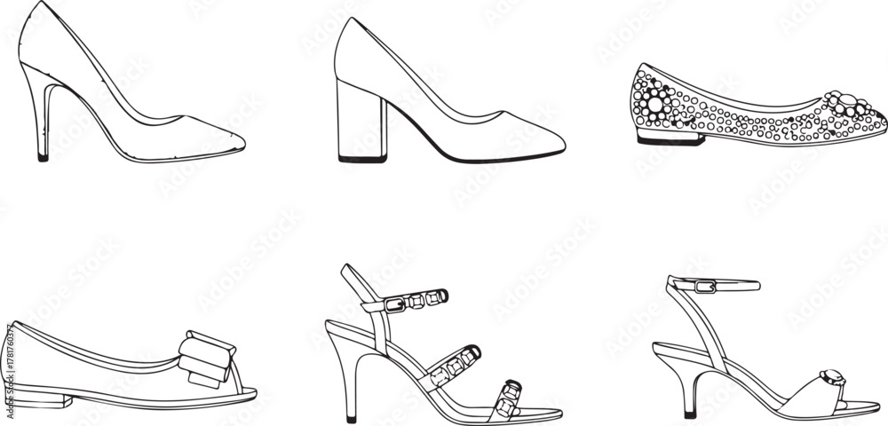 Fototapeta premium Women's footwear collection vector illustration with various elegant shoe styles Vector