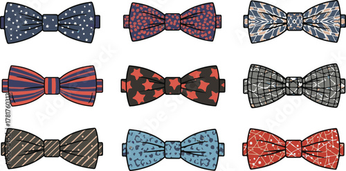 Fashionable collection of men's bow ties with diverse patterns and colors Vector