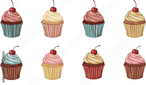 A delightful collection of eight watercolor-style cupcakes with cherry toppings Vector