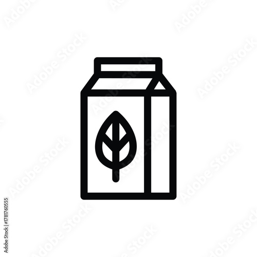 Plant-based milk carton line icon, outline symbol of vegan or organic beverage packaging with leaf logo, representing eco-friendly, healthy, and natural drink concept