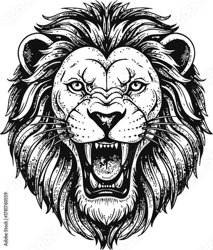 Roaring lion head illustration in black monochrome style with detailed mane and teeth