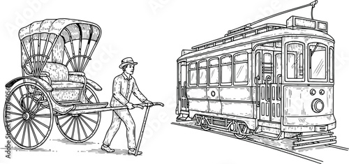 Rickshaw and tram silhouettes representing traditional urban transportation modes