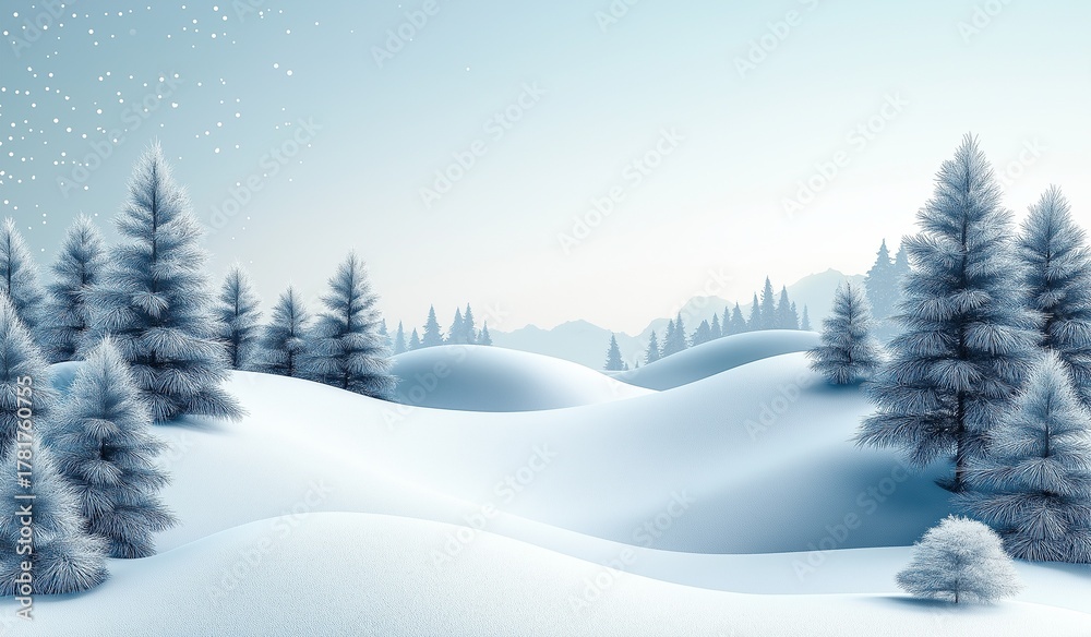 Fototapeta premium Snowy winter landscape with snow covered trees and hills creating a tranquil atmosphere against a light blue background with soft shadows.