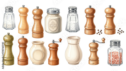A collection of watercolor illustrations depicting various salt and pepper shakers and grinders in different styles for kitchen condiments.