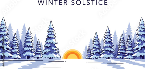 Winter solstice with snow trees and radiant sun