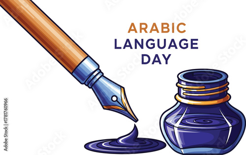 Arabic language day with fountain pen and inkwell