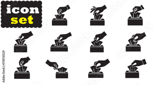 Hand pulling paper tissue icon Set, Hand pulling paper tissue solid vector